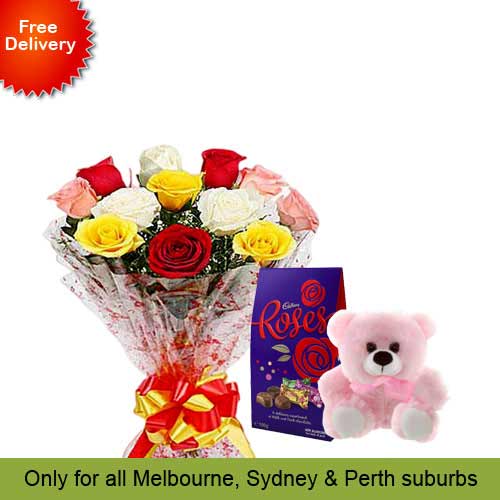 10 Mix Roses, Teddy with Cadbury Chocolates