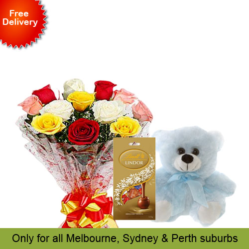 10 Mix Roses, Teddy with Chocolates
