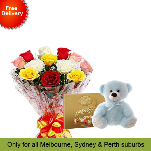 10 Mix Roses, Teddy with Lindt Chocolate