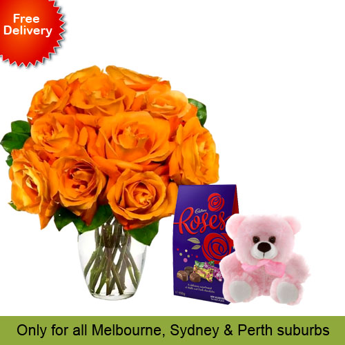 10 Orange Roses, Teddy with Cadbury Chocolates