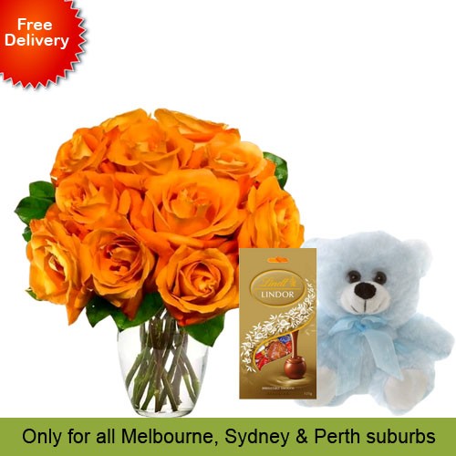 10 Orange Roses, Teddy with Chocolates