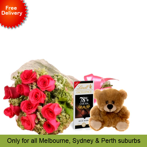 10 Pink Roses, Brown Teddy with Chocolates