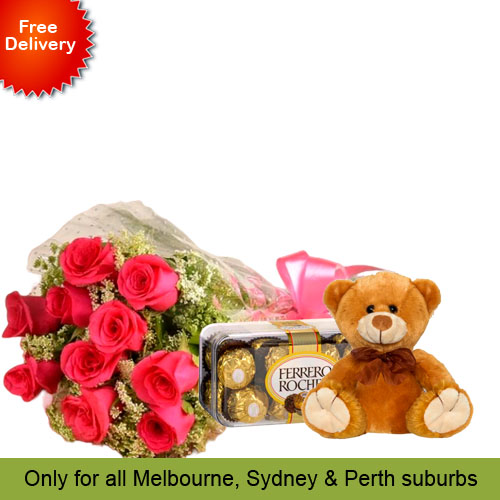 10 Pink Roses, Teddy with Ferrero Rocher 16