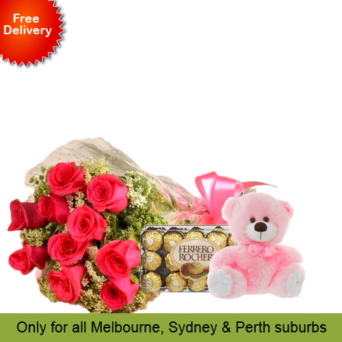 10 Pink Roses, Teddy with Ferrero Rocher 30