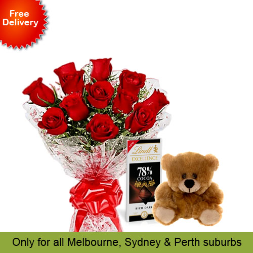 10 Red Roses, Brown Teddy with Chocolates