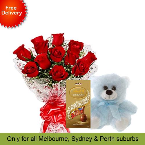 10 Red Roses, Teddy with Chocolates