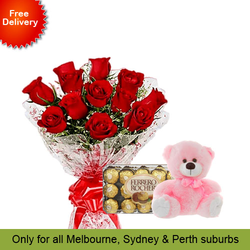 10 Red Roses, Teddy with Ferrero Rocher 30