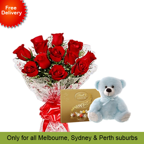 10 Red Roses, Teddy with Lindt Chocolate