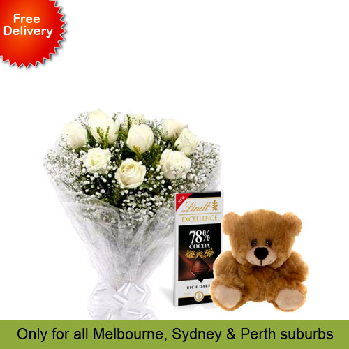 10 White Roses, Brown Teddy with Chocolates