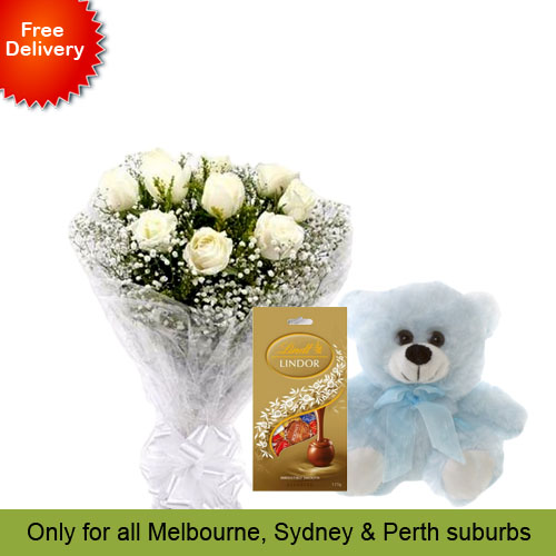 10 White Roses, Teddy with Chocolates