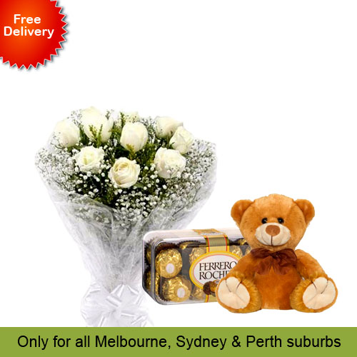 10 White Roses, Teddy with Ferrero Rocher 16