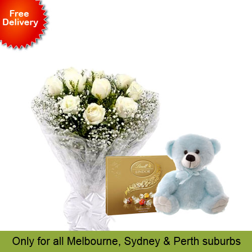10 White Roses, Teddy with Lindt Chocolate