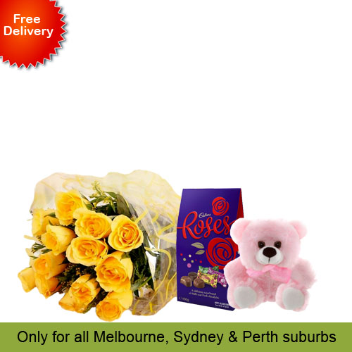 10 Yellow Roses, Teddy with Cadbury Chocolates