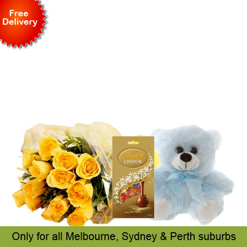 10 Yellow Roses, Teddy with Chocolates
