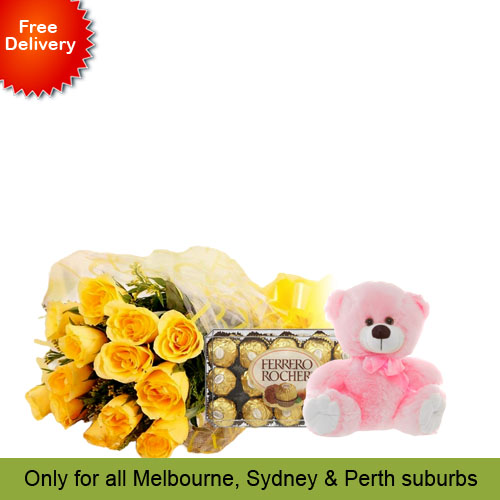 10 Yellow Roses, Teddy with Ferrero Rocher 30