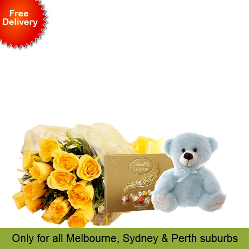 10 Yellow Roses, Teddy with Lindt Chocolate