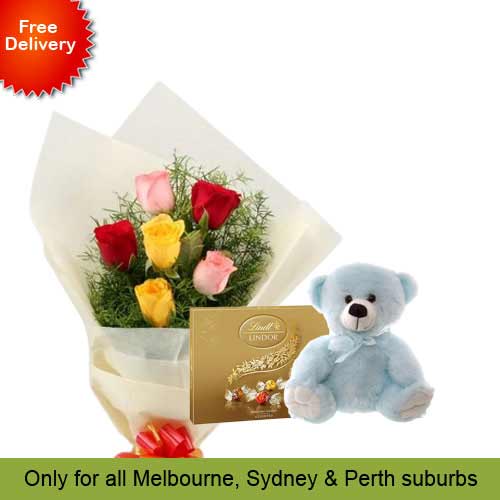 6 Mix Roses, Teddy with Lindt Chocolate