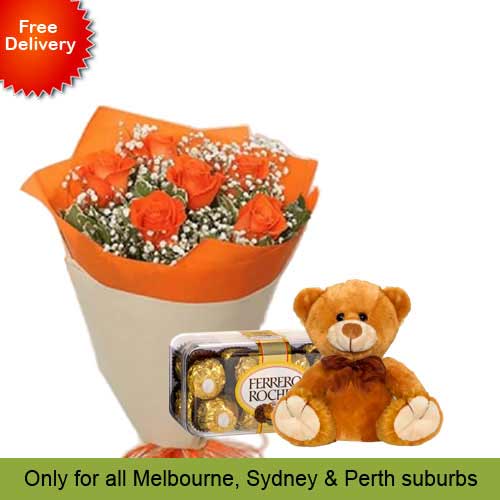 6 Orange Roses, Teddy with Ferrero Rocher 16