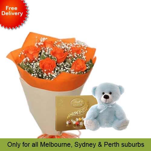 6 Orange Roses, Teddy with Lindt Chocolate