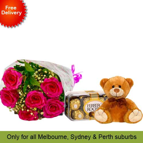 6 Pink Roses, Teddy with Ferrero Rocher 16