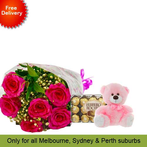6 Pink Roses, Teddy with Ferrero Rocher 30