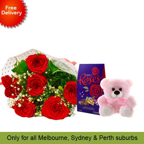 6 Red Roses, Teddy with Cadbury Chocolates