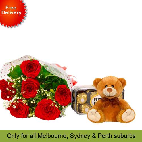 6 Red Roses, Teddy with Ferrero Rocher 16