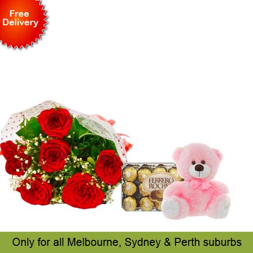 6 Red Roses, Teddy with Ferrero Rocher 30