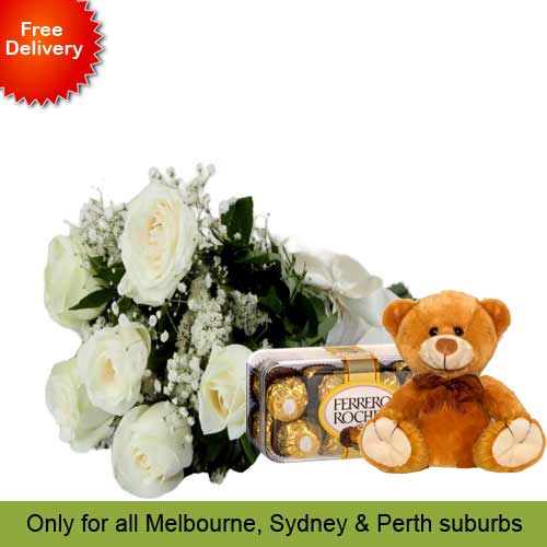6 White Roses, Teddy with Ferrero Rocher 16