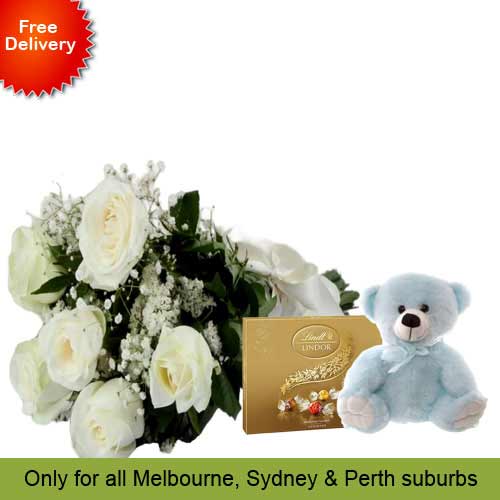 6 White Roses, Teddy with Lindt Chocolate