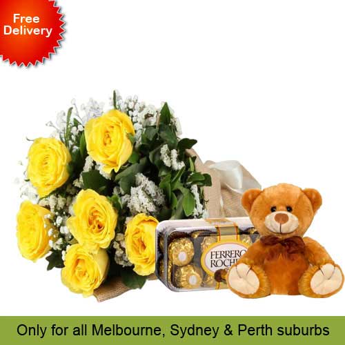 6 Yellow Roses, Teddy with Ferrero Rocher 16