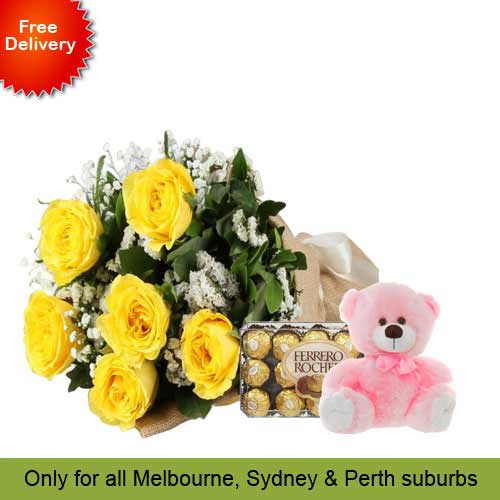 6 Yellow Roses, Teddy with Ferrero Rocher 30