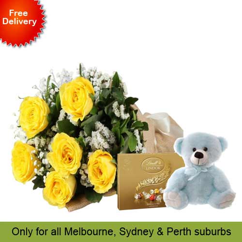 6 Yellow Roses, Teddy with Lindt Chocolate