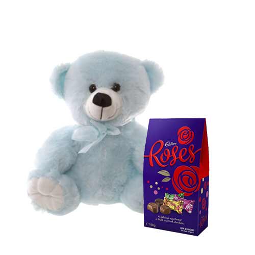 8 inch Blue Teddy with Cadbury Chocolate