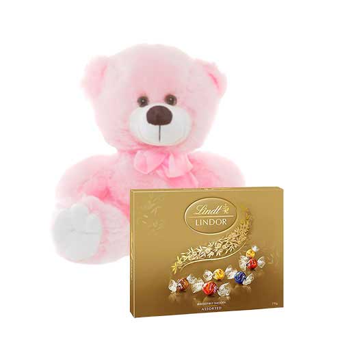 8 inch Pink Teddy with Lindt Chocolate Box