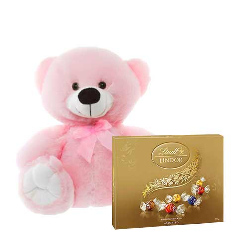 10 inch Pink Teddy with Lindt Chocolate Box
