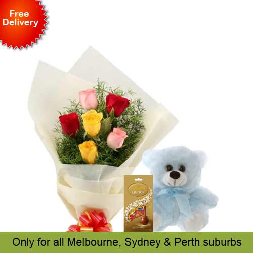 6 Mix Roses, Teddy with Chocolates