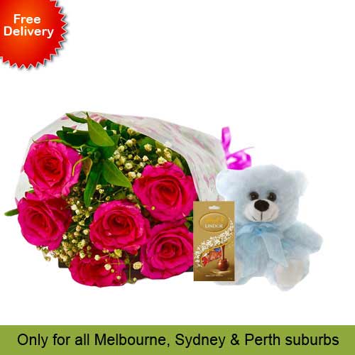 6 Pink Roses, Teddy with Chocolates