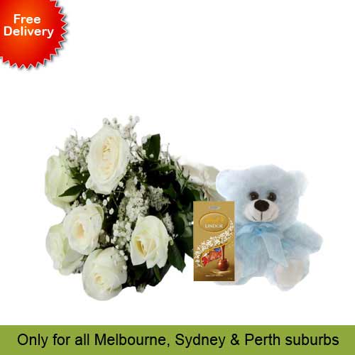 6 White Roses, Teddy with Chocolates