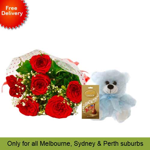 6 Red Roses, Teddy with Chocolates