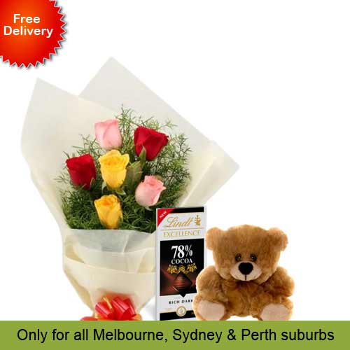 6 Mix Roses, Brown Teddy with Chocolates