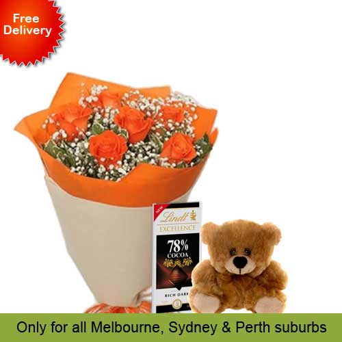 6 Orange Roses, Brown Teddy with Chocolates