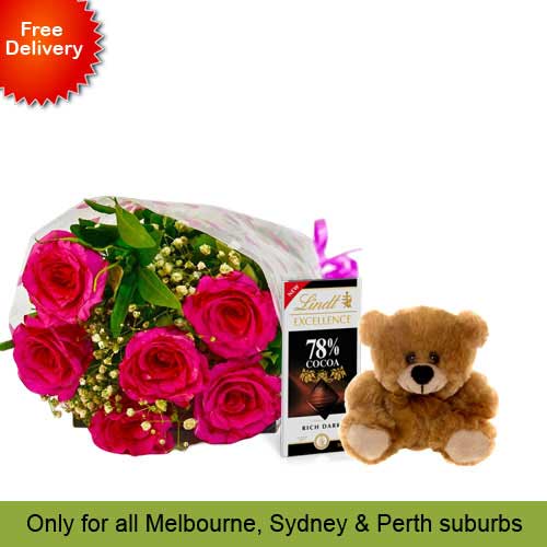 6 Pink Roses, Brown Teddy with Chocolates