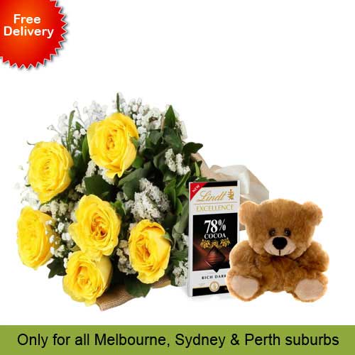 6 Yellow Roses, Brown Teddy with Chocolates