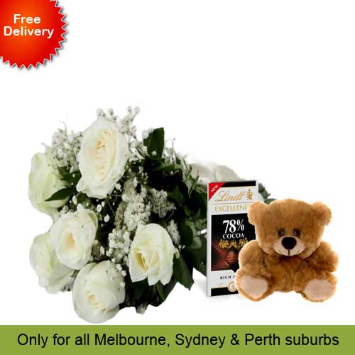 6 White Roses, Brown Teddy with Chocolates