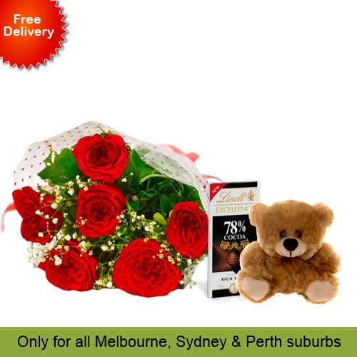 6 Red Roses, Brown Teddy with Chocolates