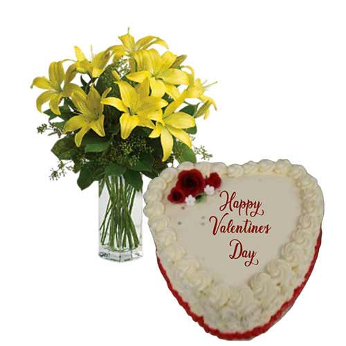 Heart Shape Vanilla Cake with Yellow Lilies