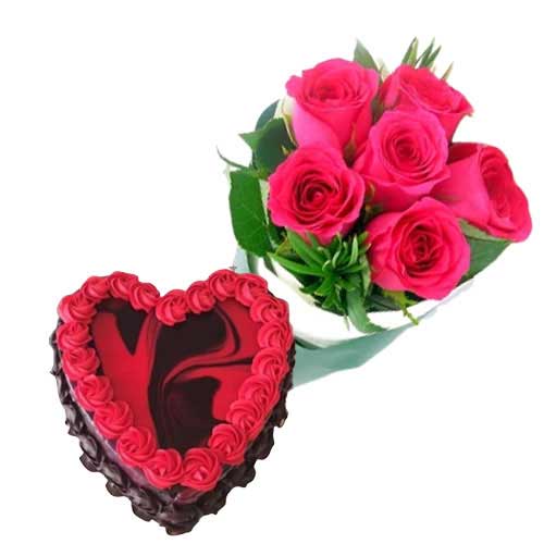 Heart Shape Red Marble Cake with Pink Roses