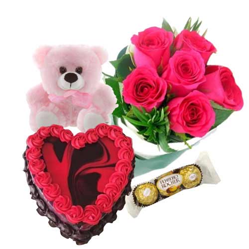 Heart Shape Red Marble Cake with Teddy N Pink Roses