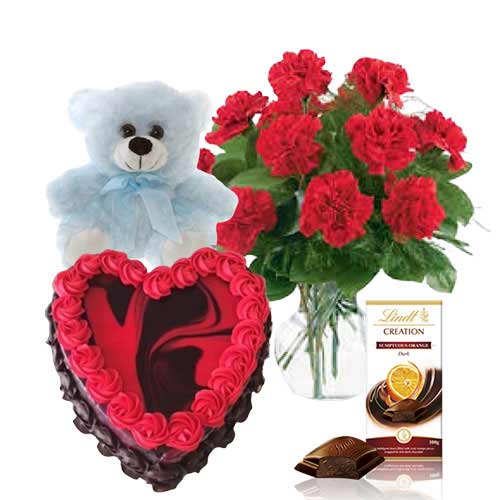 Heart Shape Marble Cake with Teddy N Red Carnations
